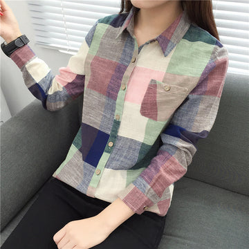 Clovoshop Casual Plaid Women’s Blouse Kimono Linen Cotton Long Sleeve