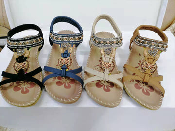 Clovoshop Large Size Flat Sandals - Flower Rhinestone Beach Shoes for Women