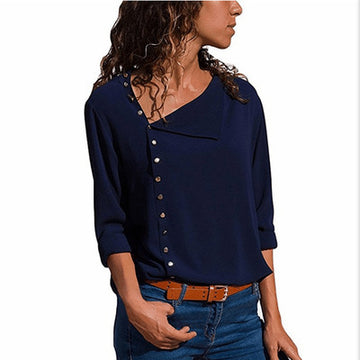 Clovoshop Irregular Oblique Collar Long Sleeve Blouse Shirt for Women