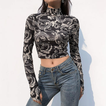 Clovoshop Anime Print Turtleneck Crop Top – Vintage Long Sleeve