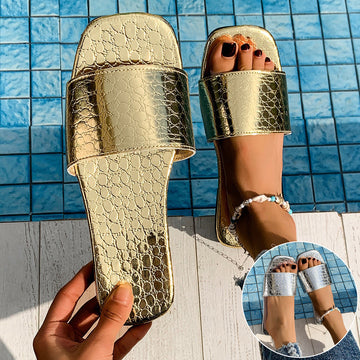 Clovoshop Fashion Crocodile-textured Slides - Square Toe Flat Sandals for Women