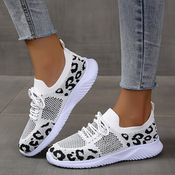 Clovoshop Leopard Print Lace-up Sneakers – White Sports Shoes for Women