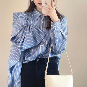 Clovoshop Casual Blue Striped Shirts for Women | Lapel Long Sleeve Blouse