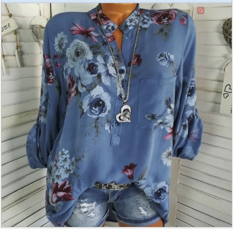Clovoshop Plus Size Summer Tops Women Blouse Long Sleeve Stand Collar