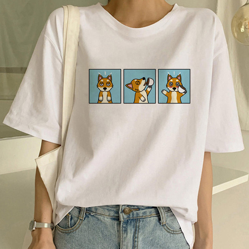 Clovoshop Women’s Dog Print T-Shirt – Casual Street Style Short Sleeve