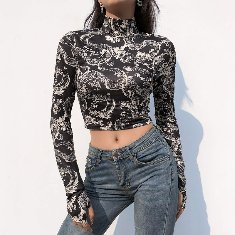 Clovoshop Anime Print Turtleneck Crop Top – Vintage Long Sleeve