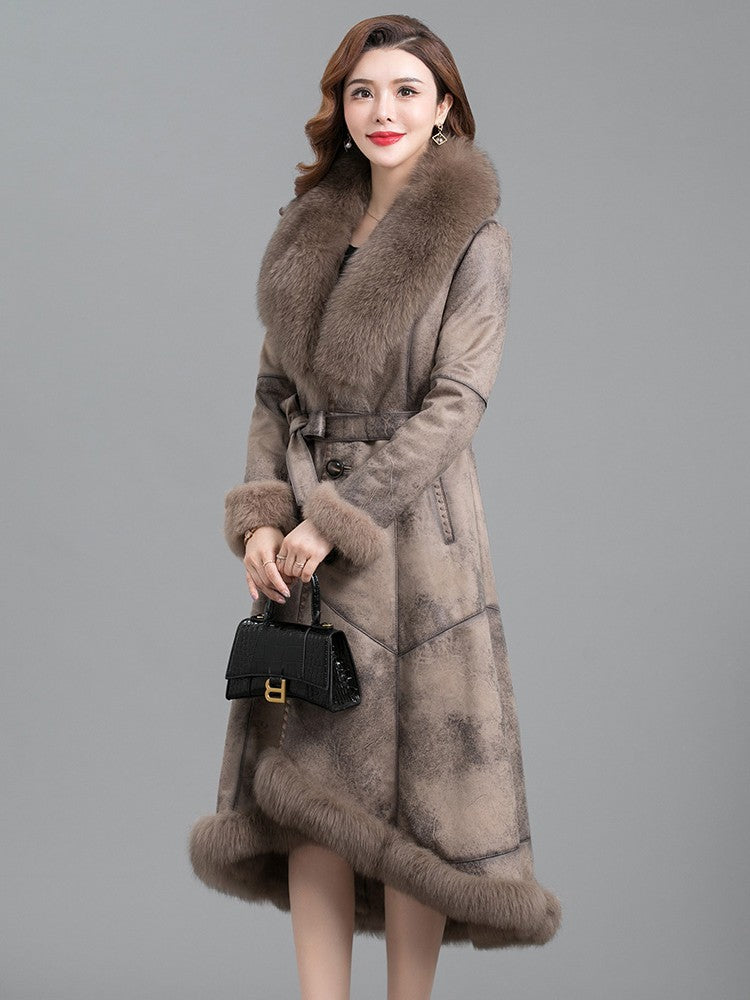 Clovoshop Real Fur One Woman Coat Thickened | V-Neck, Long Sleeves