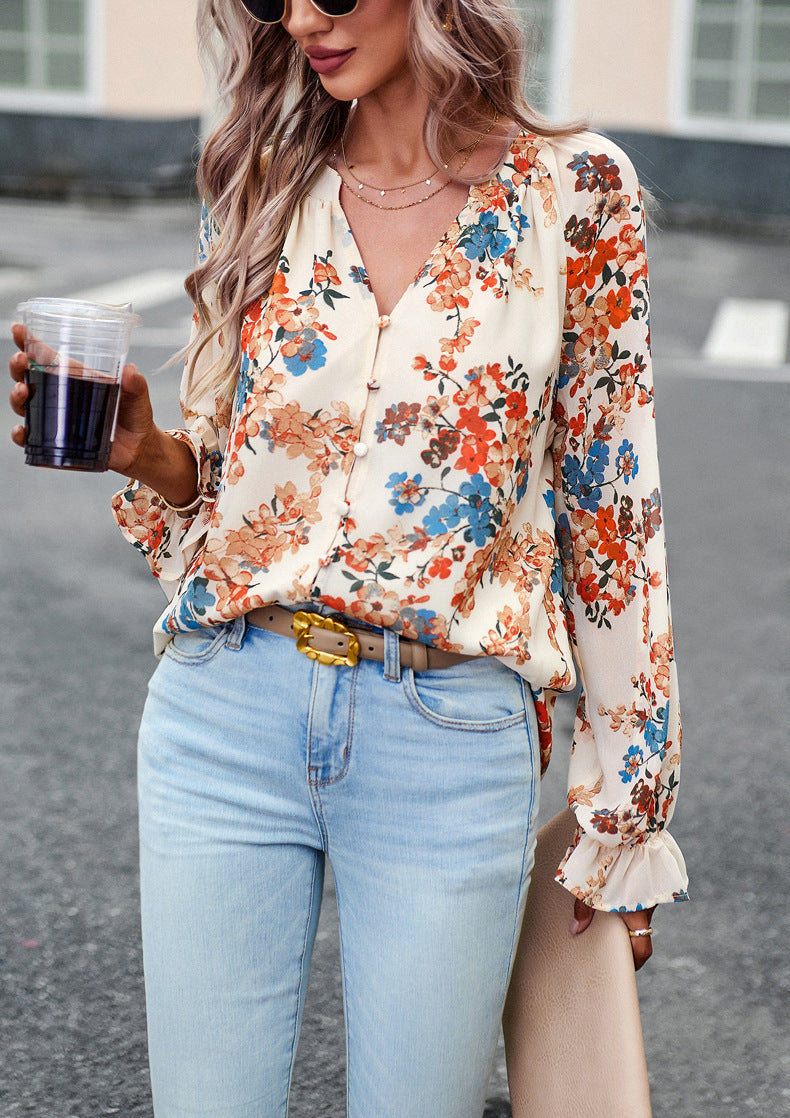 Clovoshop Women’s Floral Print V Neck Long Sleeve Chiffon Blouse
