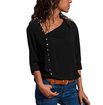 Clovoshop Irregular Oblique Collar Long Sleeve Blouse Shirt for Women