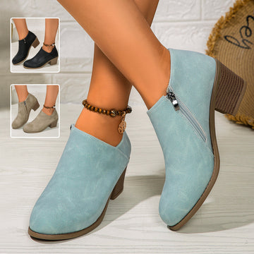Clovoshop Chunky Heel Round Toe Ankle Boots - Side Zipper Design, Fall Winter