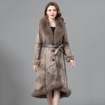 Clovoshop Real Fur One Woman Coat Thickened | V-Neck, Long Sleeves