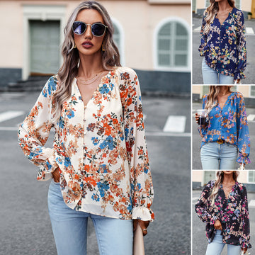 Clovoshop Women’s Floral Print V Neck Long Sleeve Chiffon Blouse