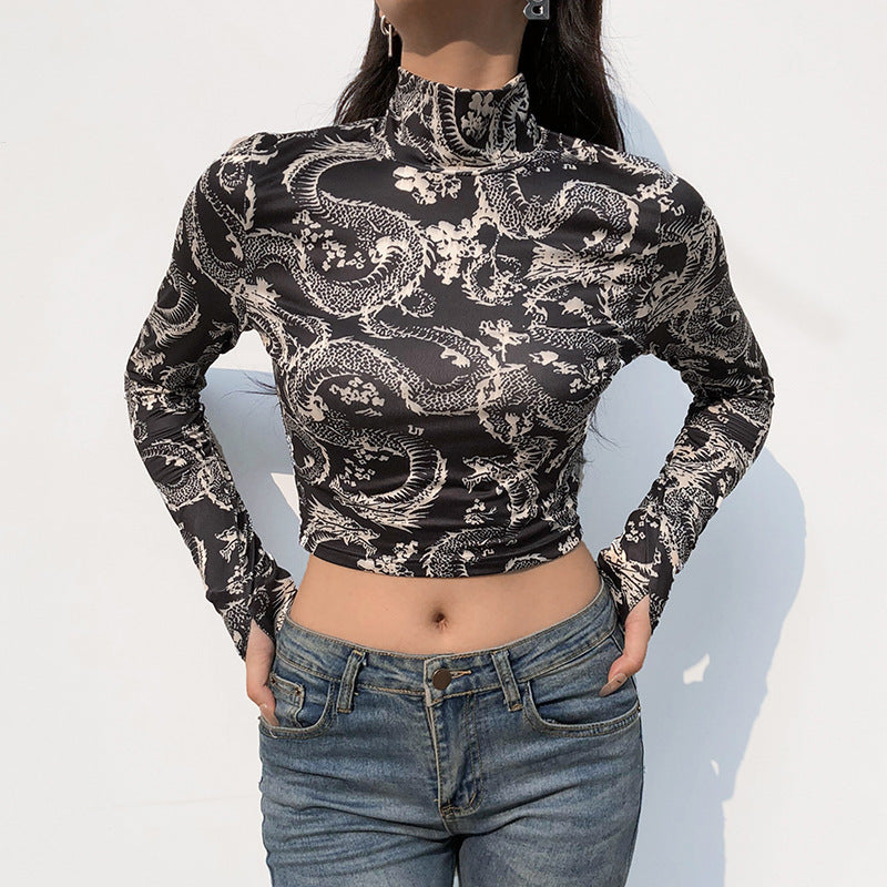Clovoshop Anime Print Turtleneck Crop Top – Vintage Long Sleeve