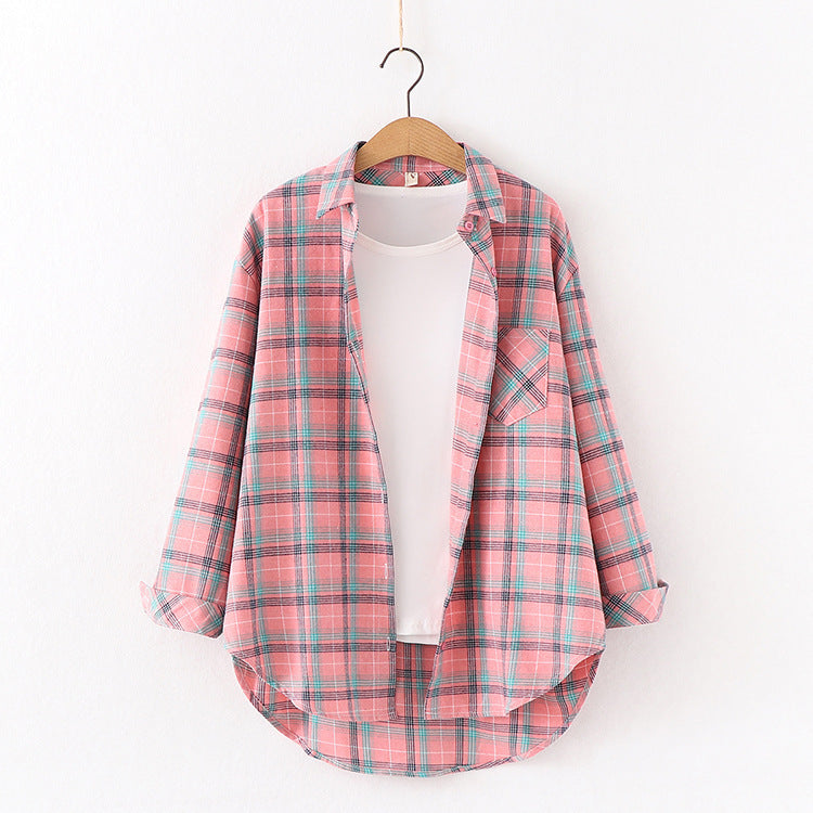 Clovoshop Plaid Shirt Women Loose Plus Size Cotton Blouse Long Sleeve