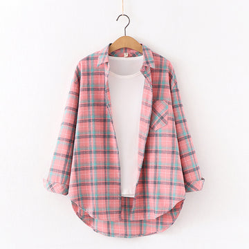 Clovoshop Plaid Shirt Women Loose Plus Size Cotton Blouse Long Sleeve