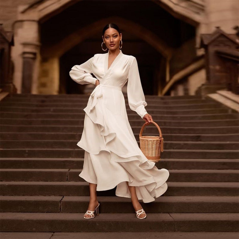 Clovoshop V-neck Prom Dress Long Sleeve Ruffles | Elegant White Satin Dress