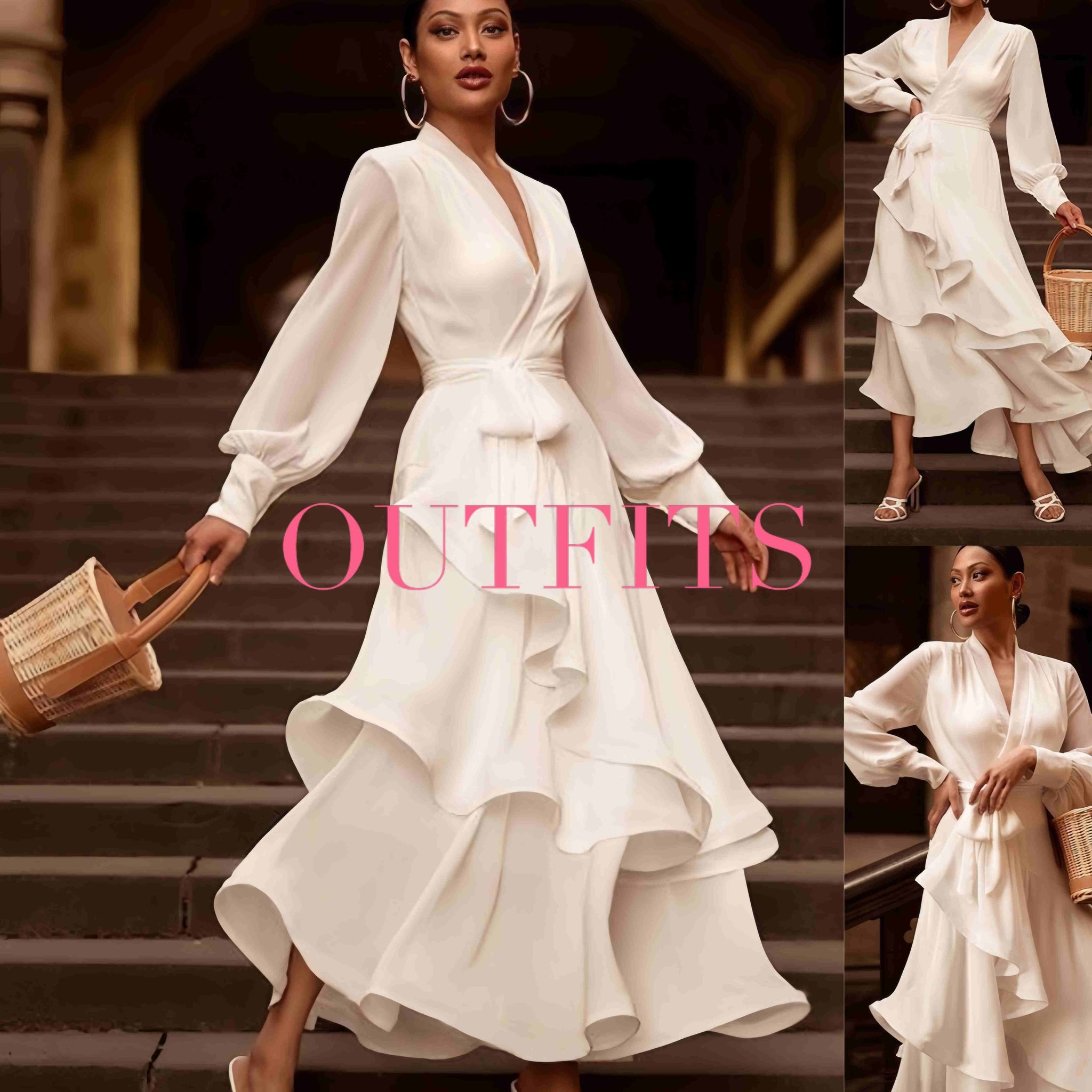 Clovoshop V-neck Prom Dress Long Sleeve Ruffles | Elegant White Satin Dress