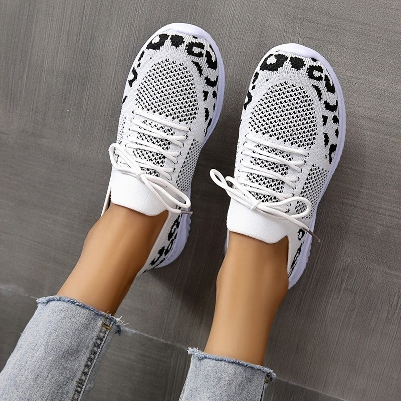 Clovoshop Leopard Print Lace-up Sneakers – White Sports Shoes for Women